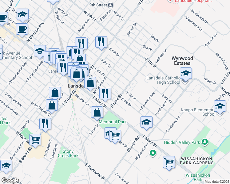 map of restaurants, bars, coffee shops, grocery stores, and more near 204 East 3rd Street in Lansdale