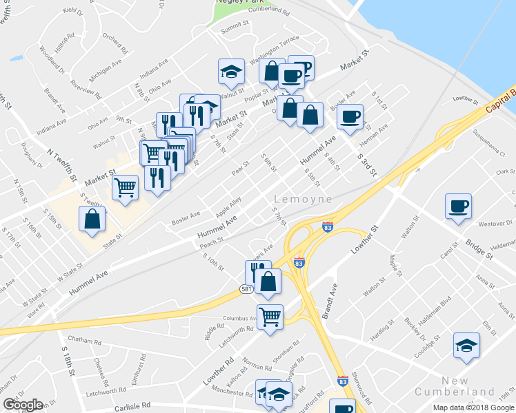 map of restaurants, bars, coffee shops, grocery stores, and more near 718 Hummel Avenue in Lemoyne
