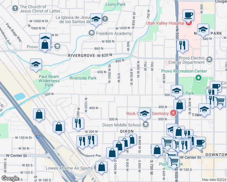 map of restaurants, bars, coffee shops, grocery stores, and more near 526 North 1025 West in Provo