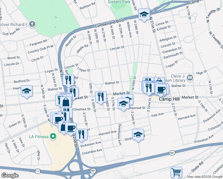 map of restaurants, bars, coffee shops, grocery stores, and more near 2724 Market Street in Camp Hill