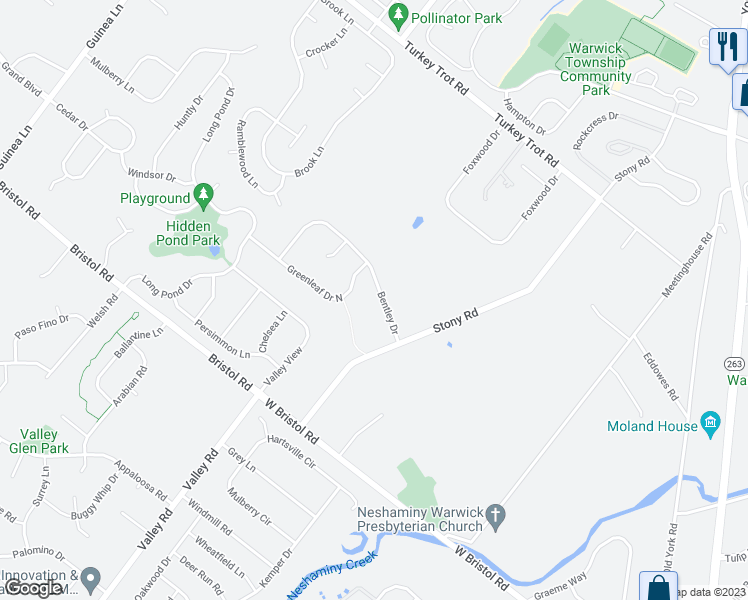 map of restaurants, bars, coffee shops, grocery stores, and more near 1410 Bentley Drive in Warrington