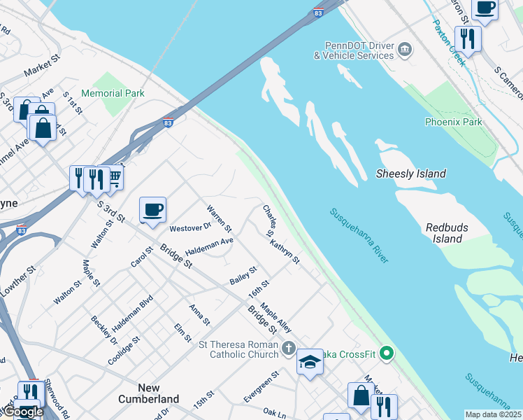 map of restaurants, bars, coffee shops, grocery stores, and more near 1710 Charles Street in New Cumberland