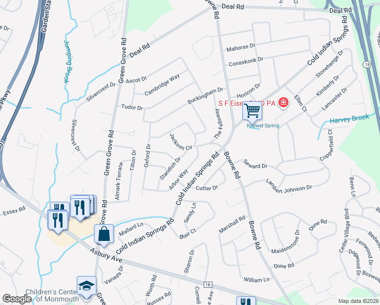 map of restaurants, bars, coffee shops, grocery stores, and more near 13 Standish Drive in Monmouth County