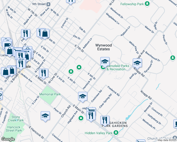 map of restaurants, bars, coffee shops, grocery stores, and more near 606 Nelson Avenue in Lansdale