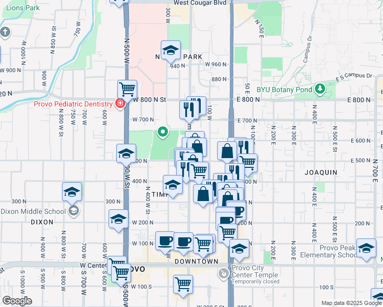 map of restaurants, bars, coffee shops, grocery stores, and more near 538 North Freedom Boulevard in Provo