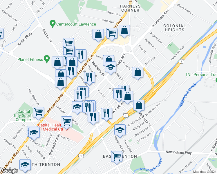 map of restaurants, bars, coffee shops, grocery stores, and more near 937 Indiana Avenue in Trenton