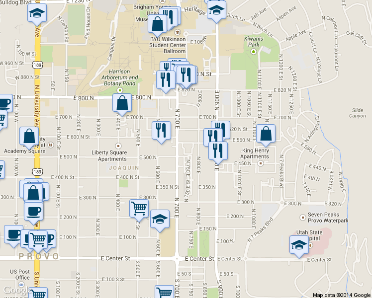 map of restaurants, bars, coffee shops, grocery stores, and more near 512 700 East in Provo