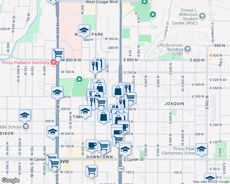 map of restaurants, bars, coffee shops, grocery stores, and more near 68 500 North in Provo