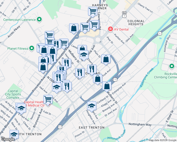 map of restaurants, bars, coffee shops, grocery stores, and more near 713 Mulberry Street in Trenton