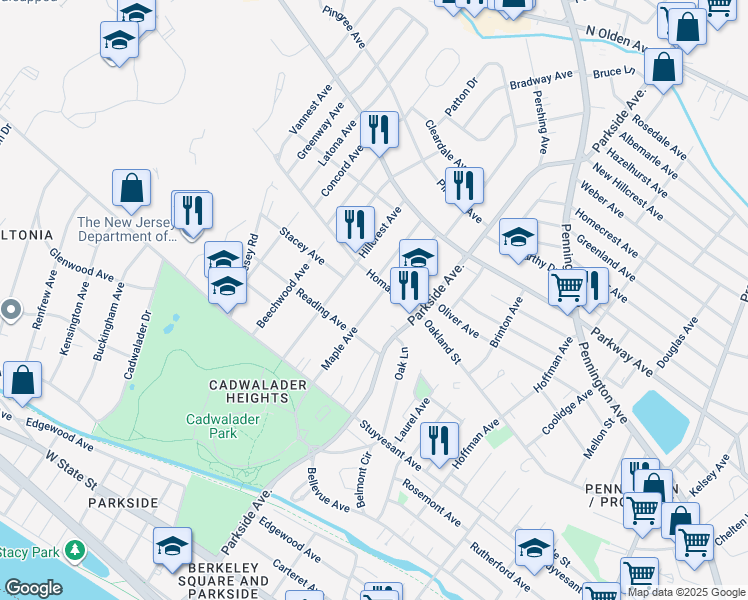 map of restaurants, bars, coffee shops, grocery stores, and more near 234 Maple Avenue in Trenton