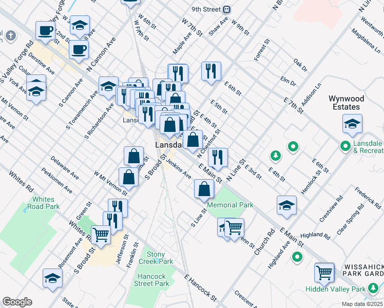 map of restaurants, bars, coffee shops, grocery stores, and more near 54 Pennsylvania 63 in Lansdale