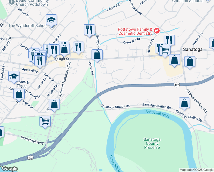 map of restaurants, bars, coffee shops, grocery stores, and more near 1614 Rosewood Court in Pottstown