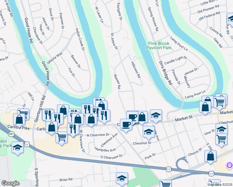 map of restaurants, bars, coffee shops, grocery stores, and more near 170 Reeser Road in Camp Hill