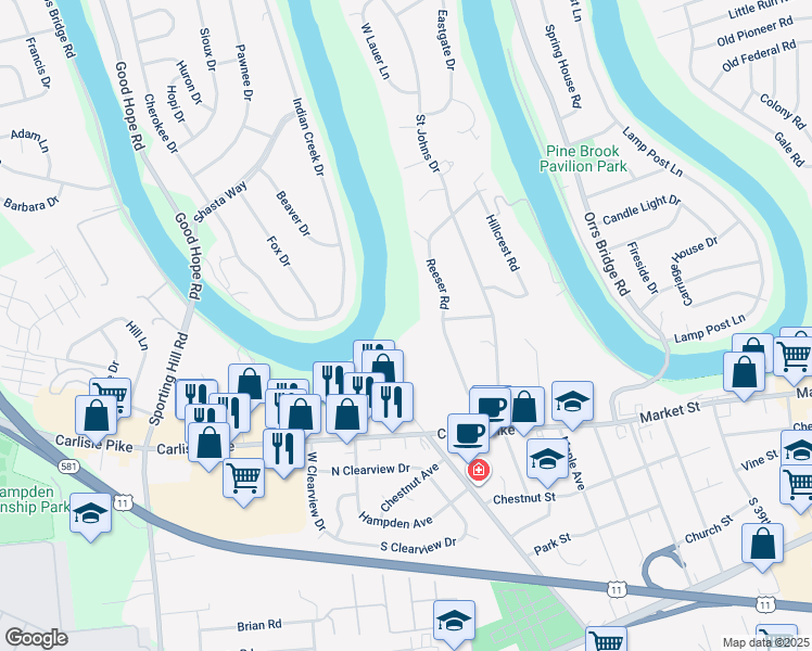 map of restaurants, bars, coffee shops, grocery stores, and more near 174 Reeser Road in Camp Hill