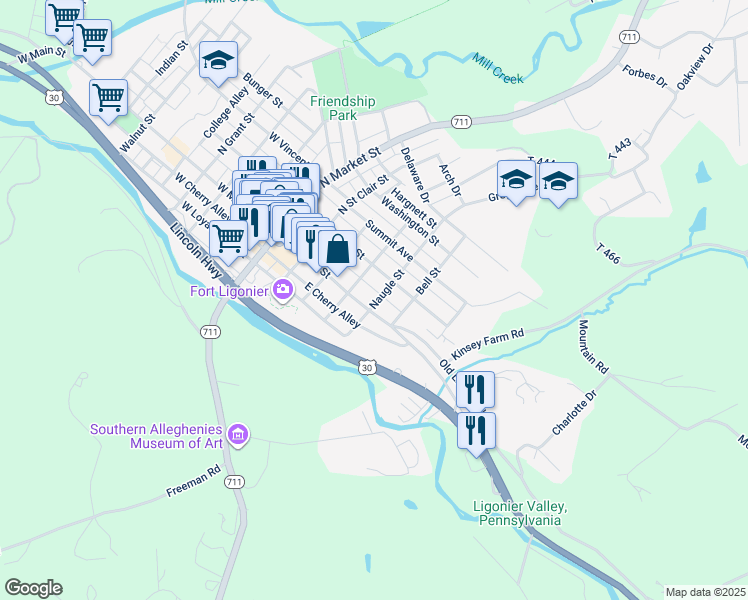map of restaurants, bars, coffee shops, grocery stores, and more near 332 East Main Street in Ligonier