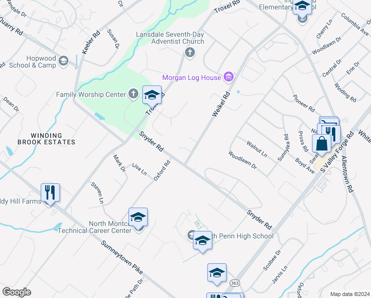 map of restaurants, bars, coffee shops, grocery stores, and more near 1064 Weikel Road in Lansdale