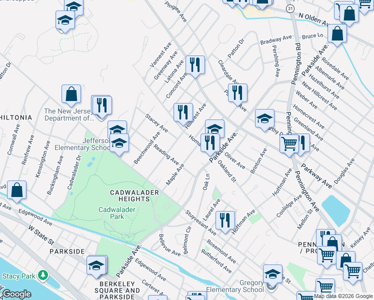 map of restaurants, bars, coffee shops, grocery stores, and more near 234 Maple Avenue in Trenton