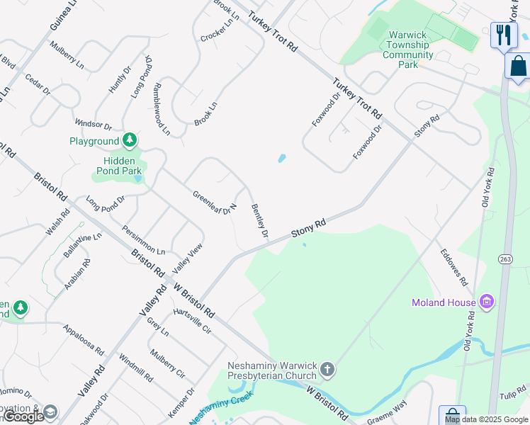 map of restaurants, bars, coffee shops, grocery stores, and more near 1407 Bentley Drive in Warrington