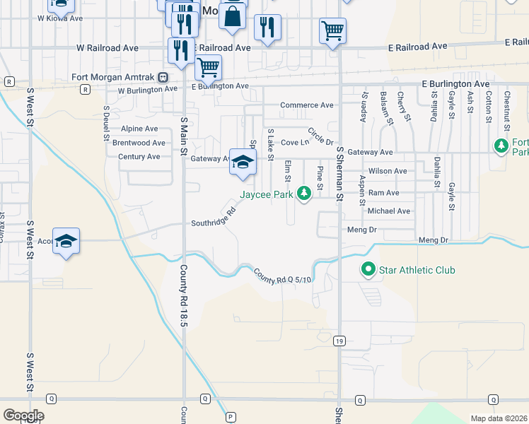 map of restaurants, bars, coffee shops, grocery stores, and more near 414 Southridge Road in Fort Morgan