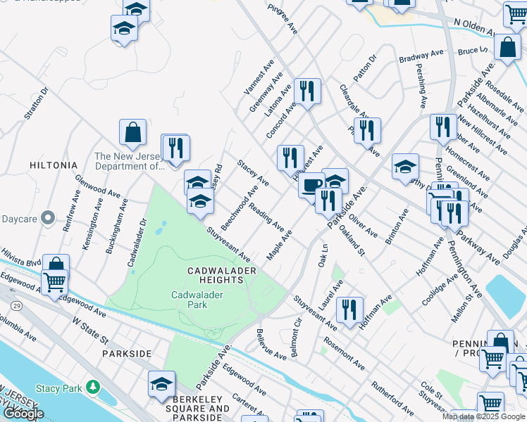 map of restaurants, bars, coffee shops, grocery stores, and more near 203 Hillcrest Avenue in Trenton