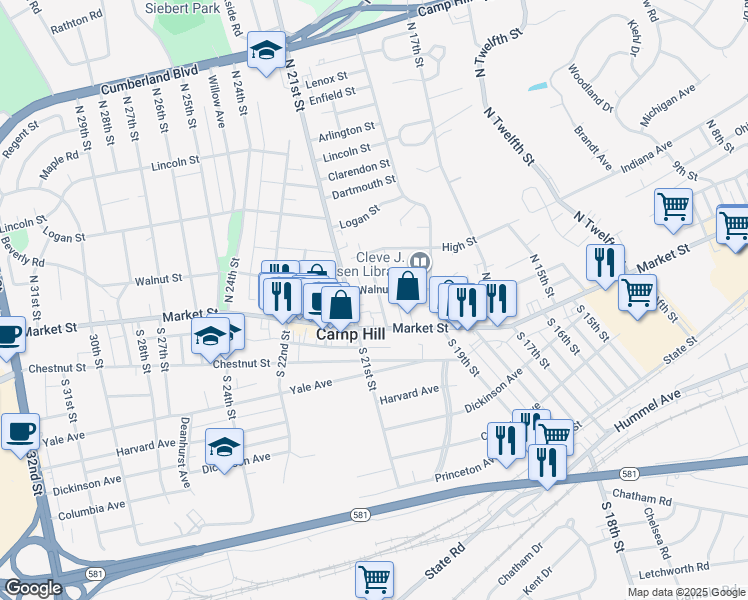 map of restaurants, bars, coffee shops, grocery stores, and more near 24 North 20th Street in Camp Hill