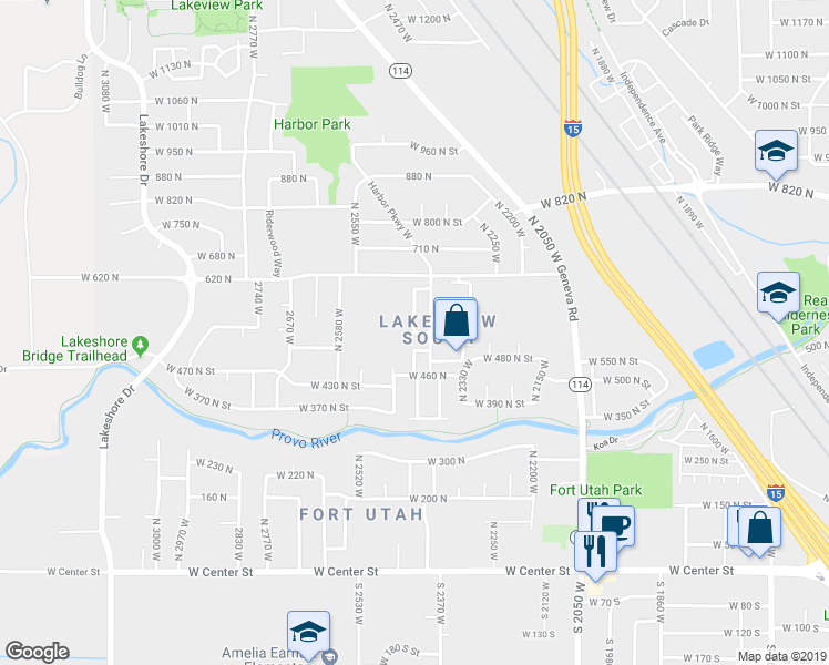map of restaurants, bars, coffee shops, grocery stores, and more near 2430 West 520 North in Provo