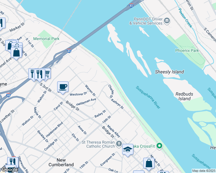 map of restaurants, bars, coffee shops, grocery stores, and more near 1710 Charles Street in New Cumberland