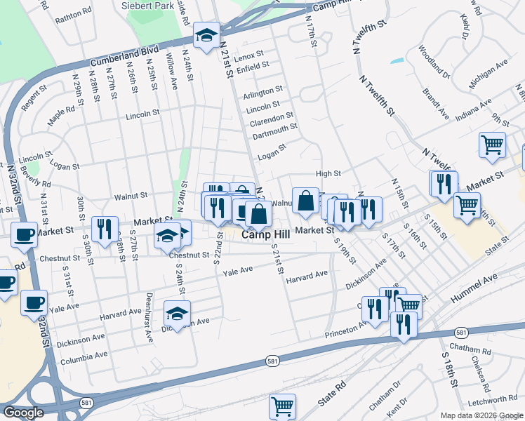 map of restaurants, bars, coffee shops, grocery stores, and more near in Camp Hill