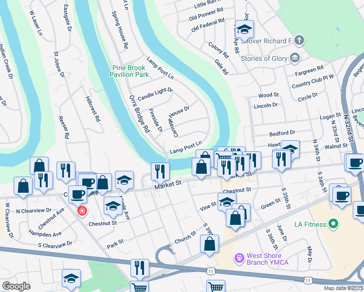 map of restaurants, bars, coffee shops, grocery stores, and more near 3813 Lamp Post Lane in Camp Hill