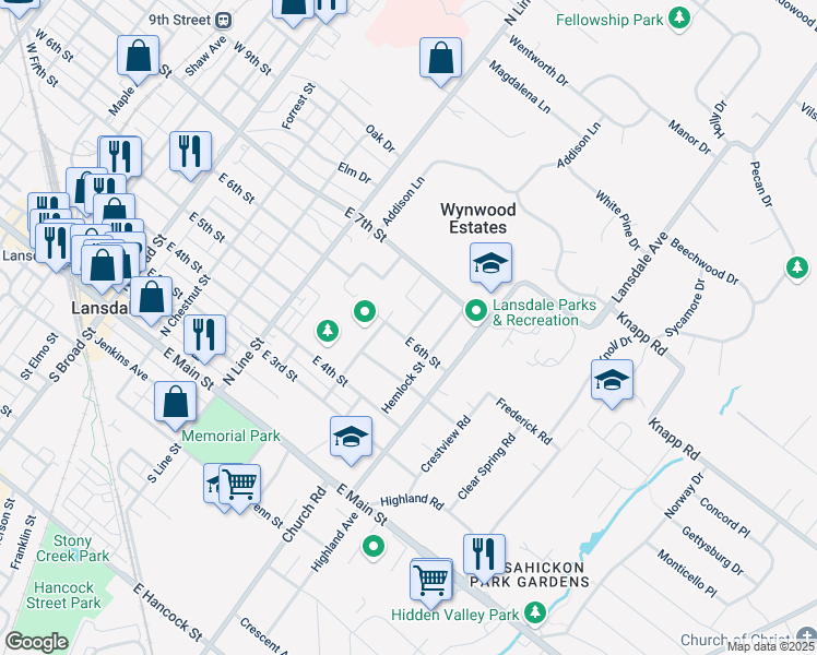 map of restaurants, bars, coffee shops, grocery stores, and more near 606 Nelson Avenue in Lansdale