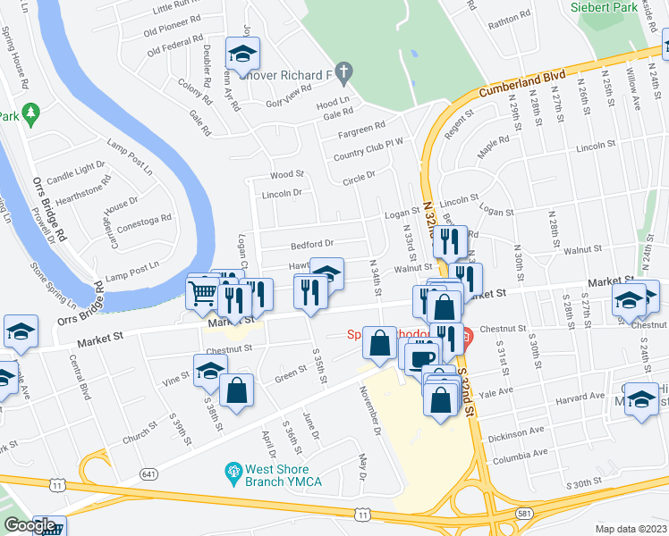 map of restaurants, bars, coffee shops, grocery stores, and more near 3423 Hawthorne Drive in Camp Hill
