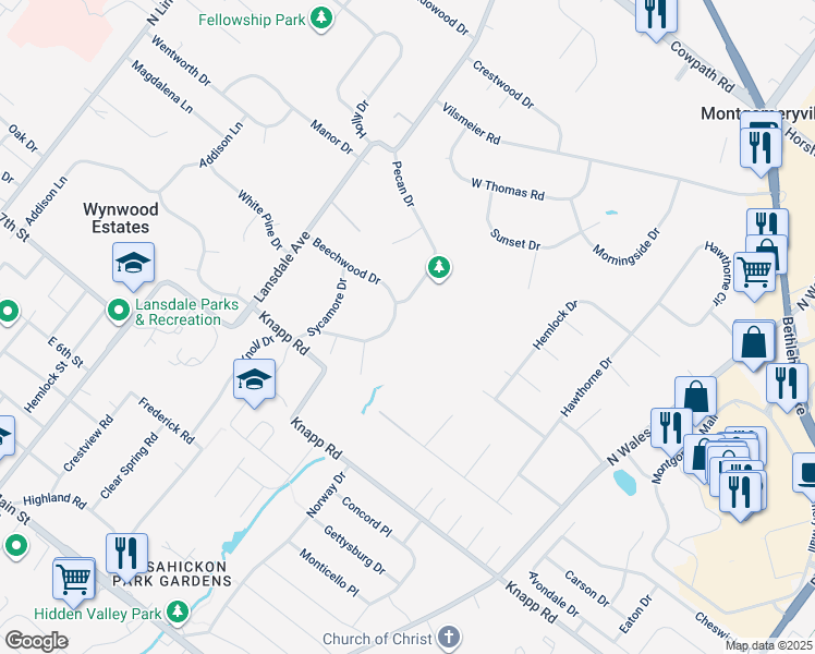 map of restaurants, bars, coffee shops, grocery stores, and more near 925 Beechwood Drive in Lansdale