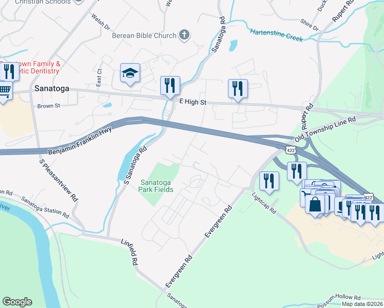 map of restaurants, bars, coffee shops, grocery stores, and more near 219 South Park Road in Pottstown