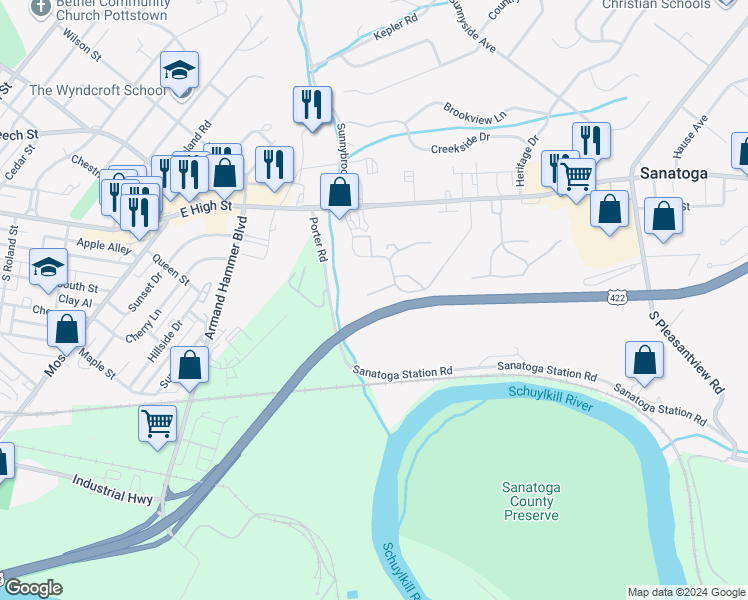 map of restaurants, bars, coffee shops, grocery stores, and more near 1620 Rosewood Court in Pottstown