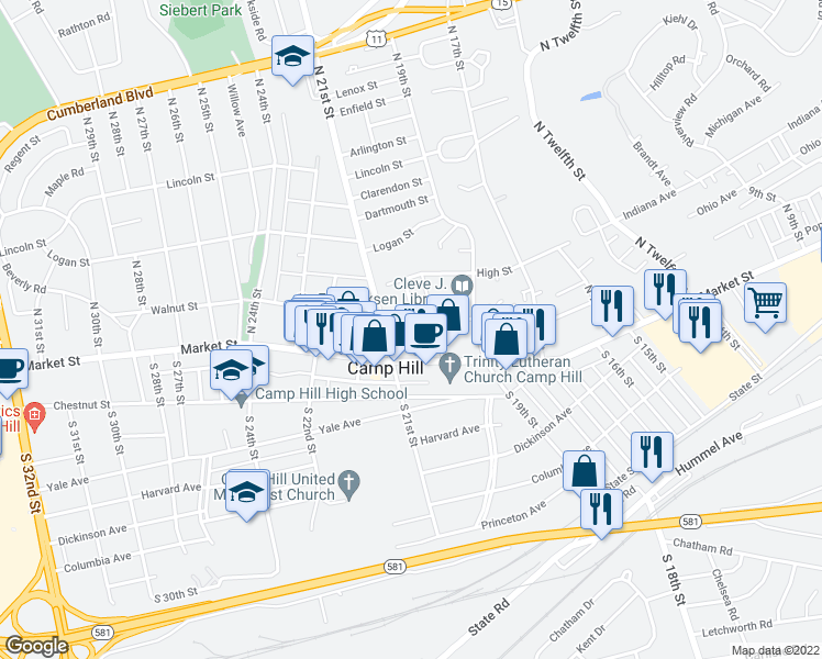 map of restaurants, bars, coffee shops, grocery stores, and more near 24 North 20th Street in Camp Hill