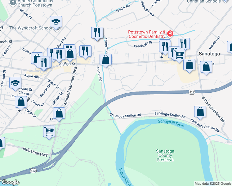 map of restaurants, bars, coffee shops, grocery stores, and more near 1620 Rosewood Court in Pottstown