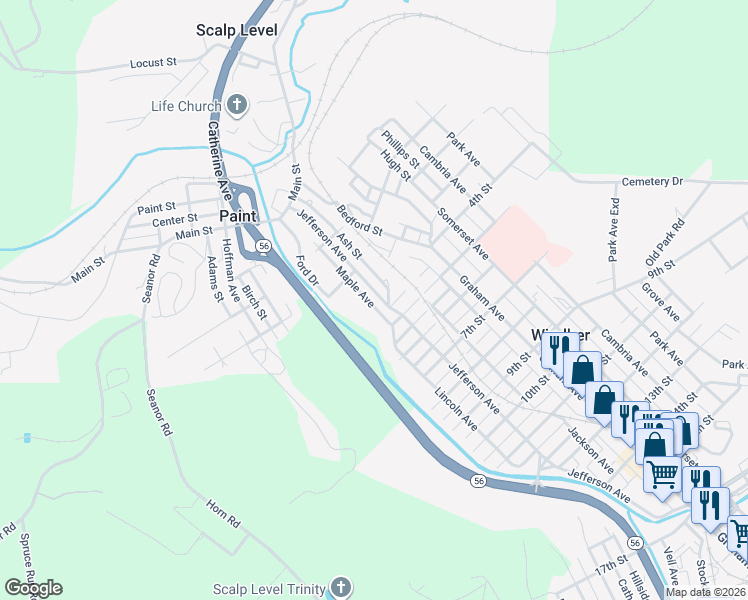 map of restaurants, bars, coffee shops, grocery stores, and more near 264 Maple Avenue in Windber