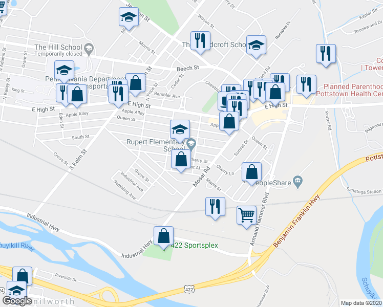 map of restaurants, bars, coffee shops, grocery stores, and more near 1230 South Street in Pottstown
