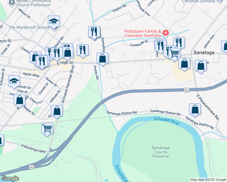 map of restaurants, bars, coffee shops, grocery stores, and more near 1618 Rosewood Court in Pottstown
