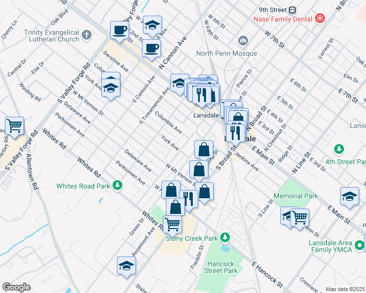 map of restaurants, bars, coffee shops, grocery stores, and more near 163 Susquehanna Avenue in Lansdale