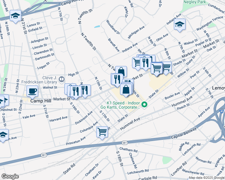 map of restaurants, bars, coffee shops, grocery stores, and more near 1401 Market Street in Camp Hill