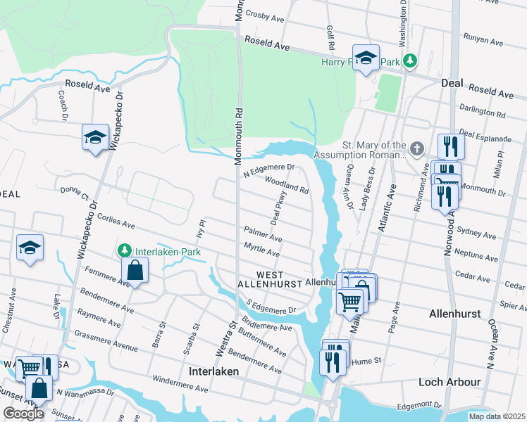 map of restaurants, bars, coffee shops, grocery stores, and more near 520 Wildwood Road in Allenhurst