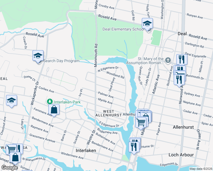 map of restaurants, bars, coffee shops, grocery stores, and more near 520 Wildwood Road in Allenhurst