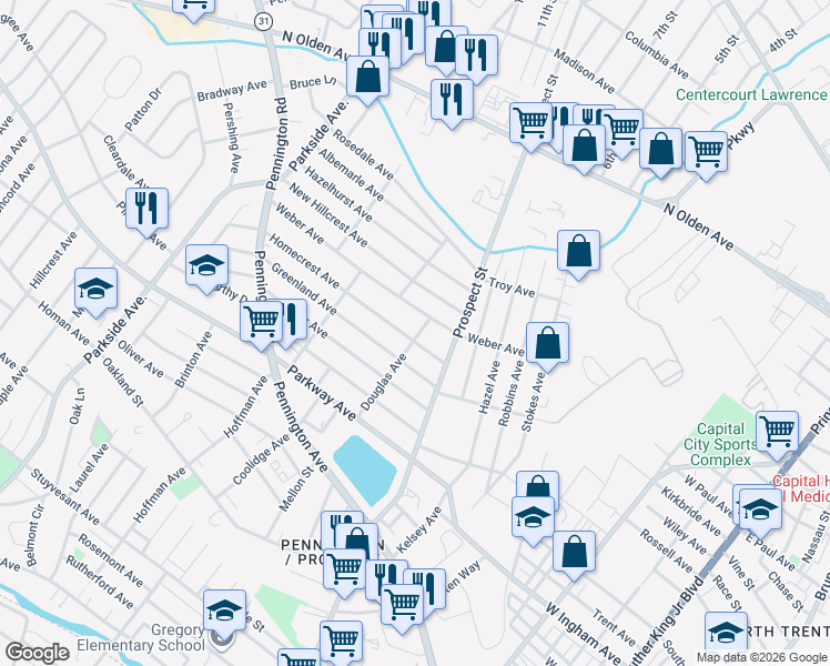 map of restaurants, bars, coffee shops, grocery stores, and more near 100 Greenland Avenue in Ewing Township