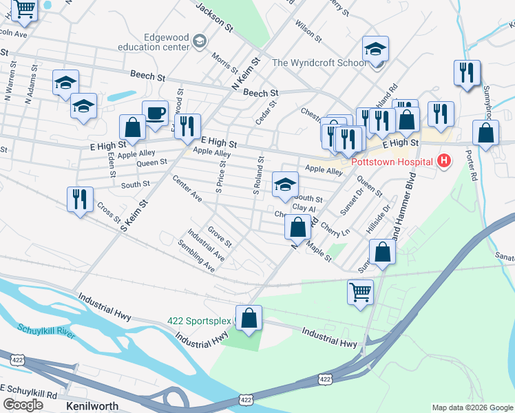map of restaurants, bars, coffee shops, grocery stores, and more near 160 South Roland Street in Pottstown