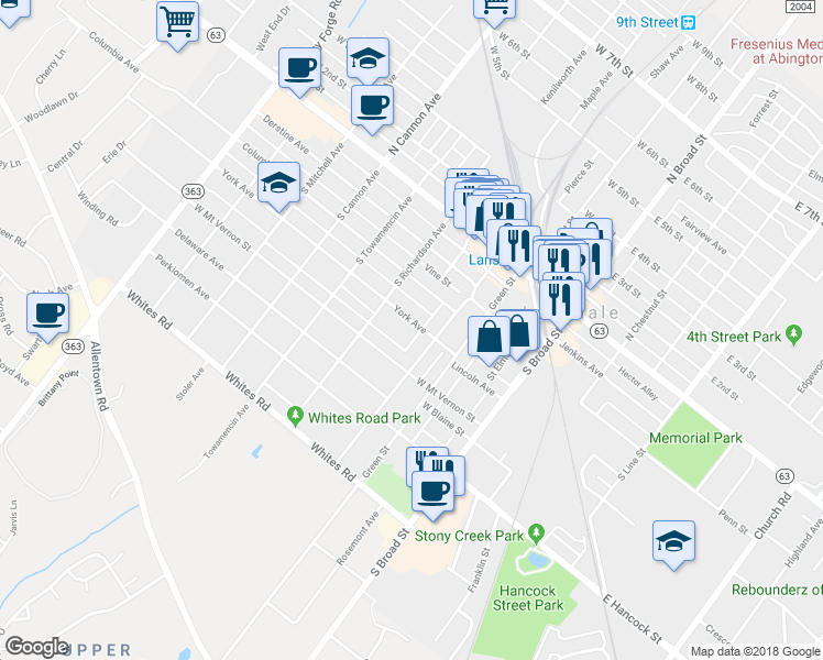 map of restaurants, bars, coffee shops, grocery stores, and more near 326 York Avenue in Lansdale