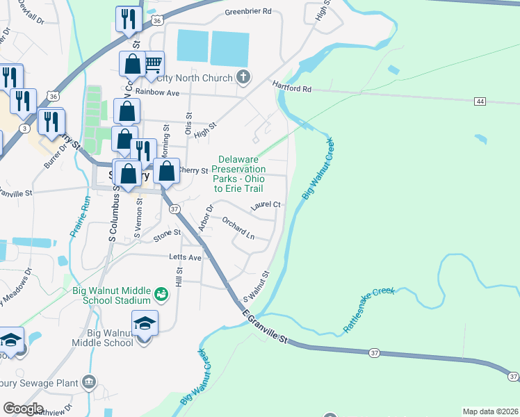 map of restaurants, bars, coffee shops, grocery stores, and more near 335 Laurel Court in Sunbury