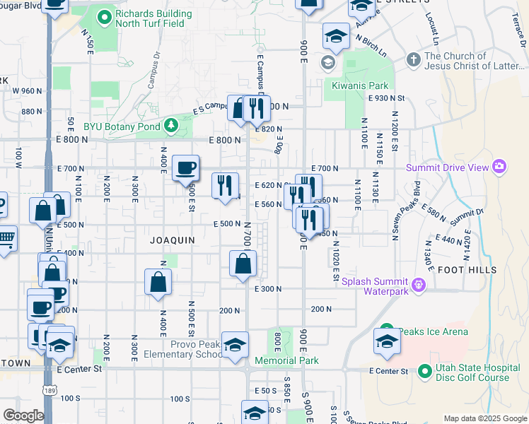 map of restaurants, bars, coffee shops, grocery stores, and more near 543 North 790 East in Provo