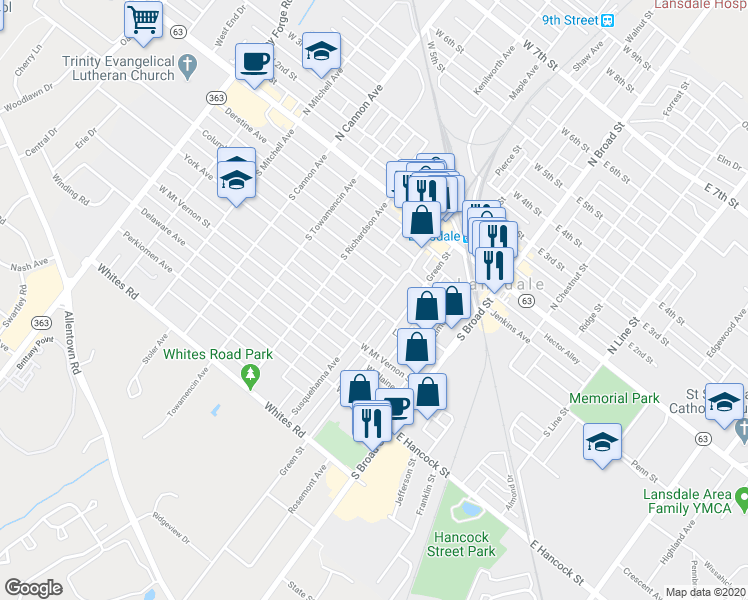 map of restaurants, bars, coffee shops, grocery stores, and more near 148 Susquehanna Avenue in Lansdale