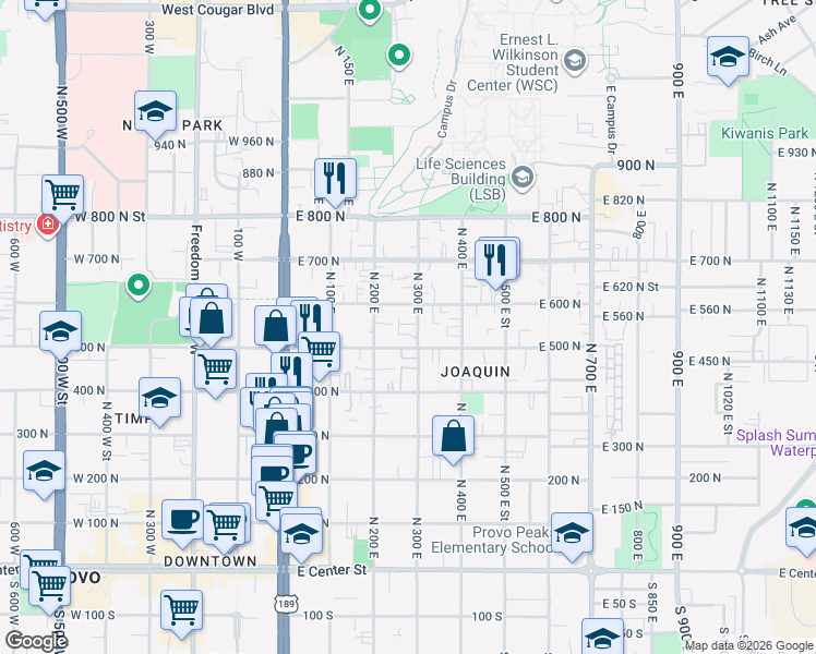 map of restaurants, bars, coffee shops, grocery stores, and more near 267 East 500 North in Provo